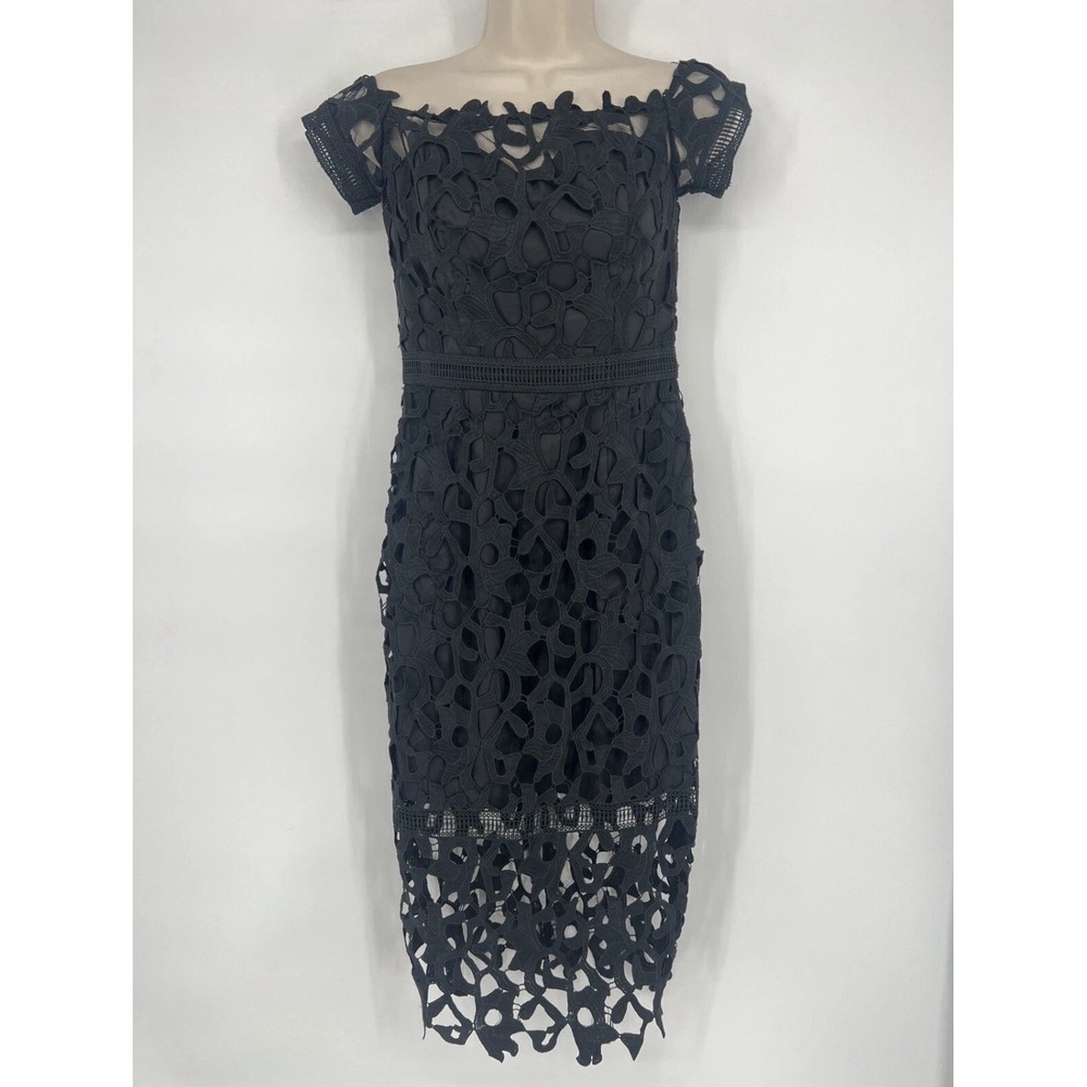 Chi Chi London Black Lace Lined Dress Size 16 Sweatheart Neck MIDI Off Shoulder